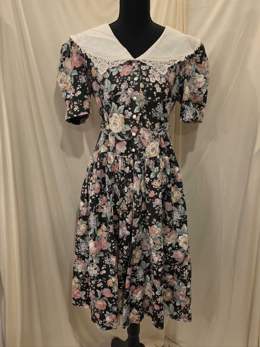 Vintage Style My Way Floral Tie Waist Dress Cottagecore Romantic Midi Sz 13/14
